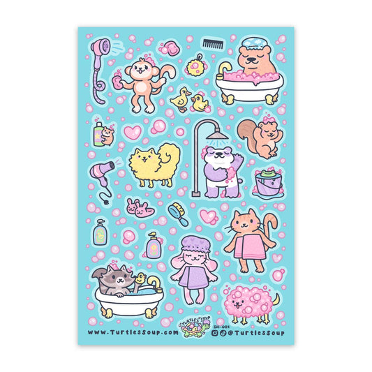 Bath Time | Kawaii | Animals | Funny | Glitter Sticker Sheet