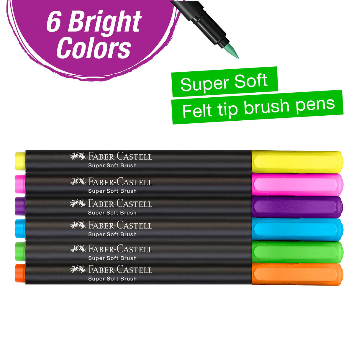 Felt Tip Brush Pen Markers 6, Neon