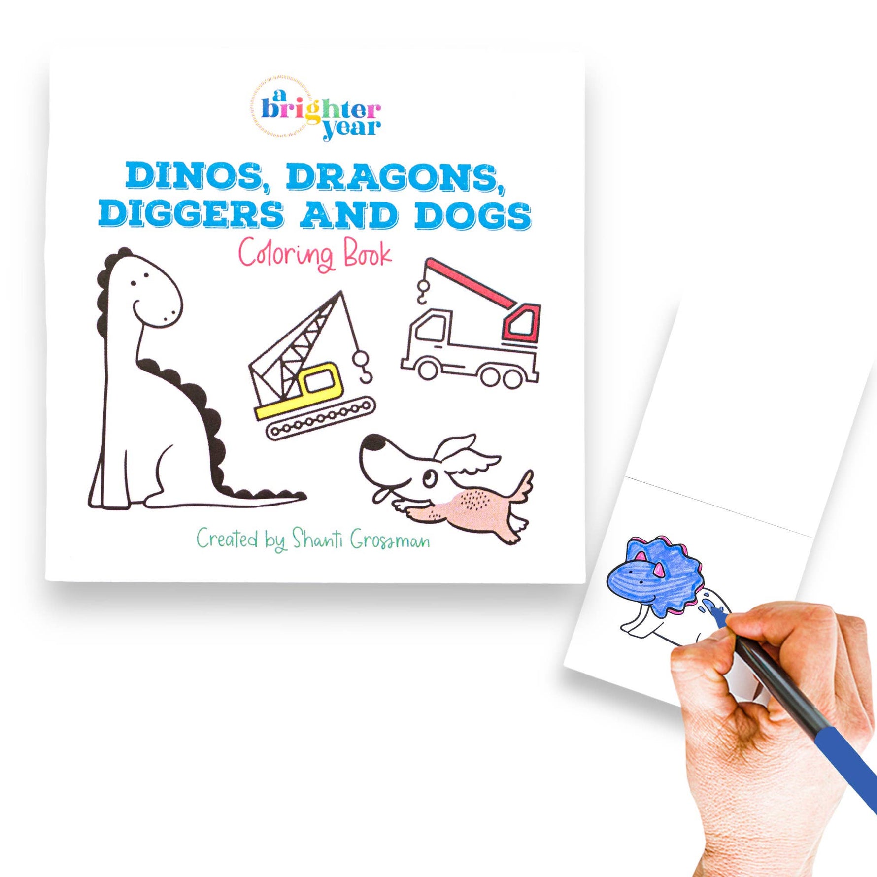 Dinos, Dragons, Diggers, and Dogs Coloring Book for Kids & Adults