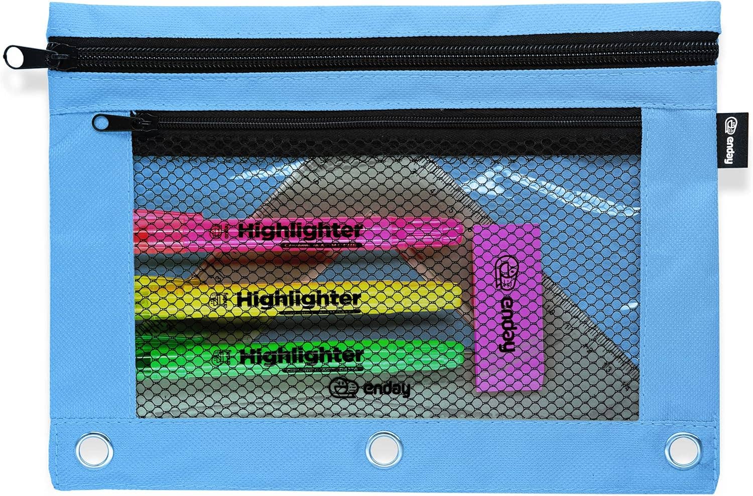 Double Zipper 3-Ring Pencil Pouch With Mesh Window: Blue
